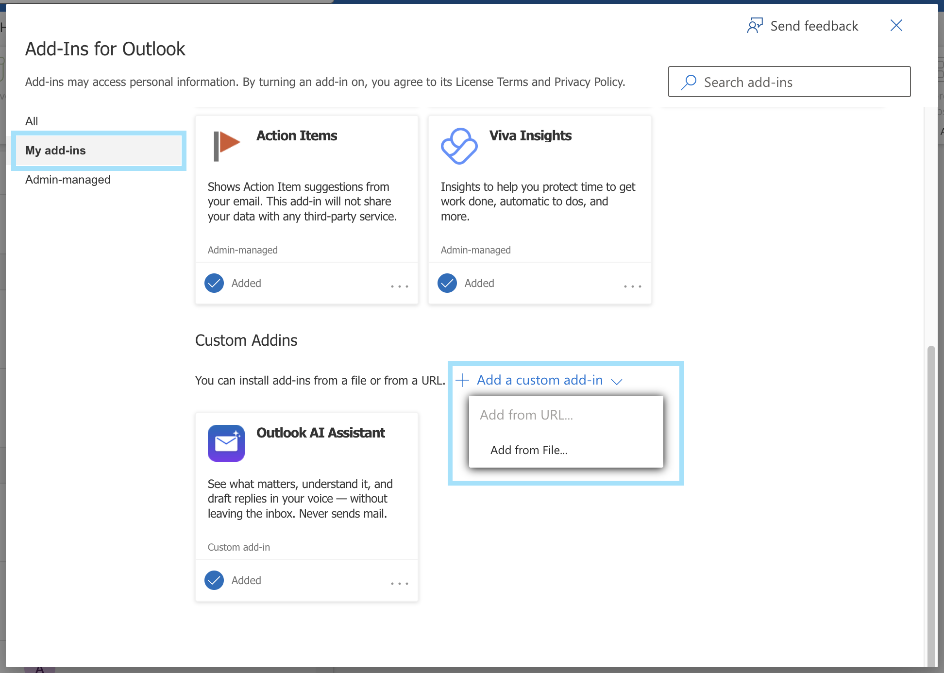 Add-Ins for Outlook dialog: My add-ins selected; under Custom Addins, the Add a custom add-in menu open showing Add from File