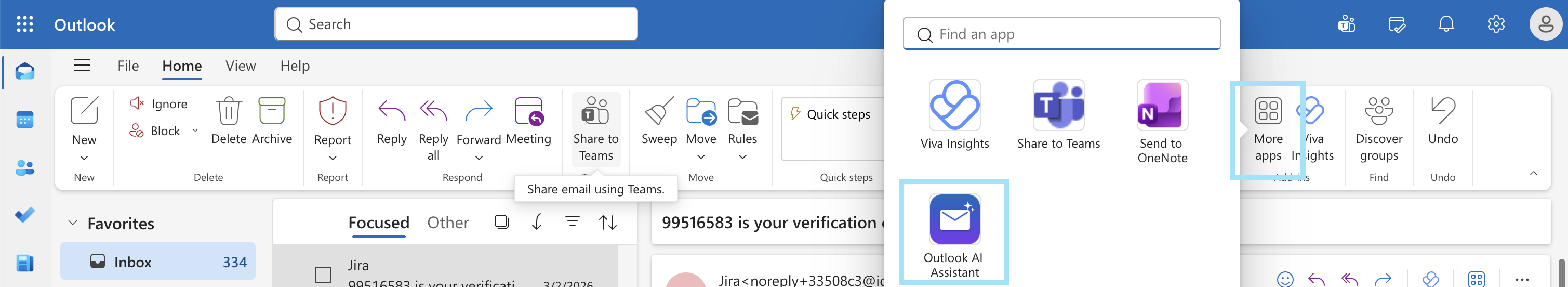 Outlook toolbar with the More apps menu open, showing the Outlook AI Assistant app
