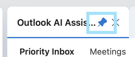The add-in top bar with the pin icon highlighted next to “Outlook AI Assistant”